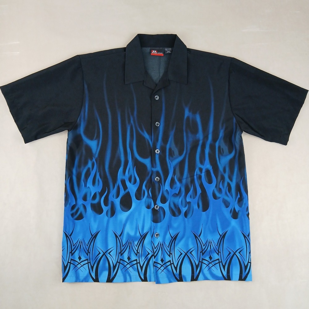 VTG Street Culture Large Mens Shirt Hawaiian Camp‎ Tribal Flames 90s 25x30